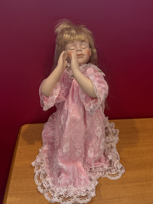 Bisque Prayer Doll 12" Tall Blonde Hair Closed Eyes Pink Dress w/ Faux Gold Necklace Cross