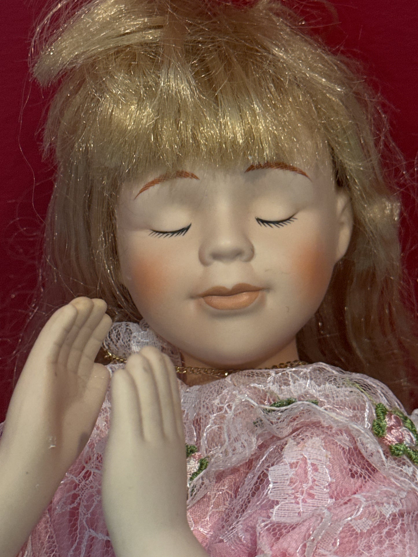 Bisque Prayer Doll 12" Tall Blonde Hair Closed Eyes Pink Dress w/ Faux Gold Necklace Cross