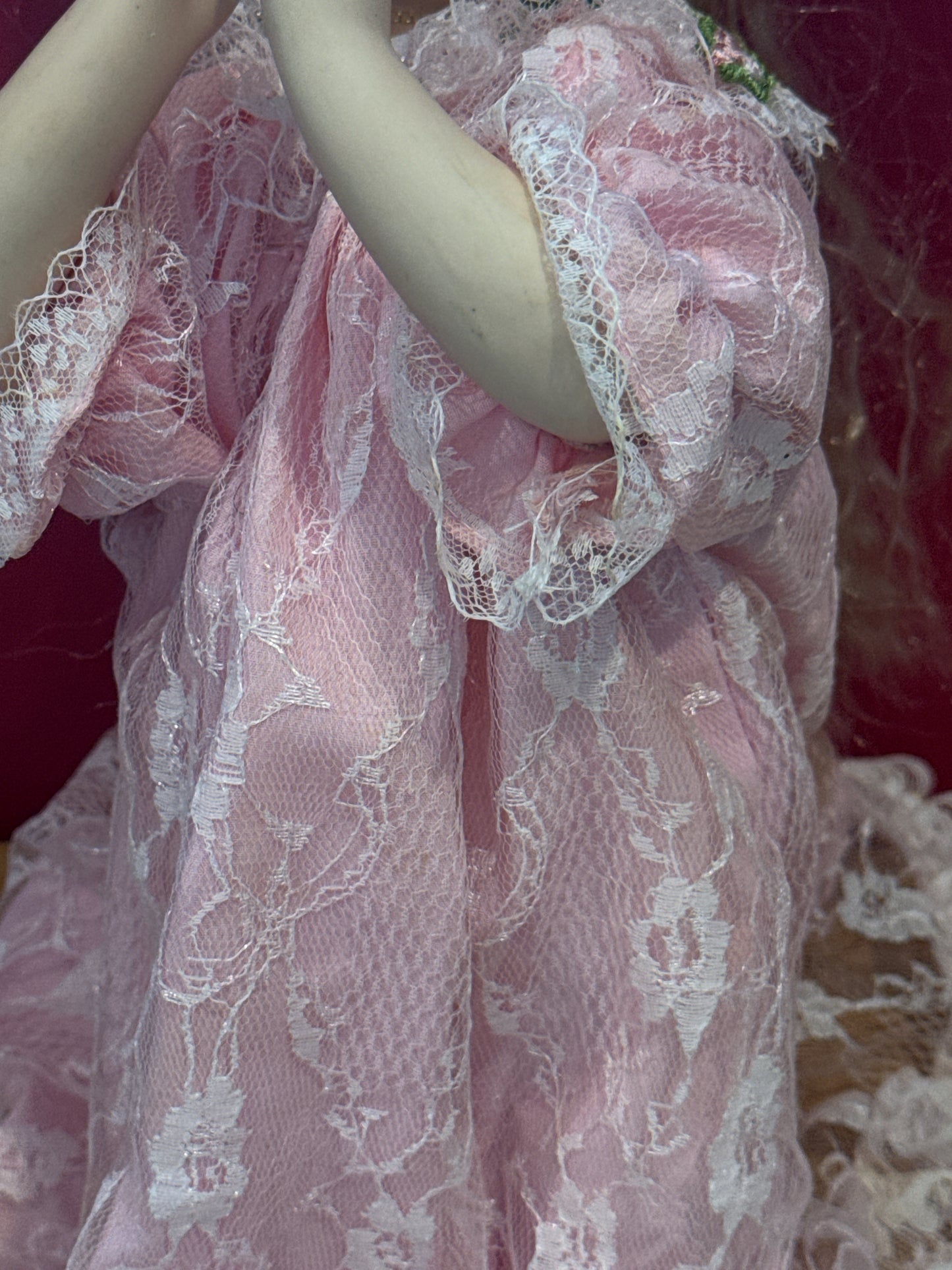 Bisque Prayer Doll 12" Tall Blonde Hair Closed Eyes Pink Dress w/ Faux Gold Necklace Cross