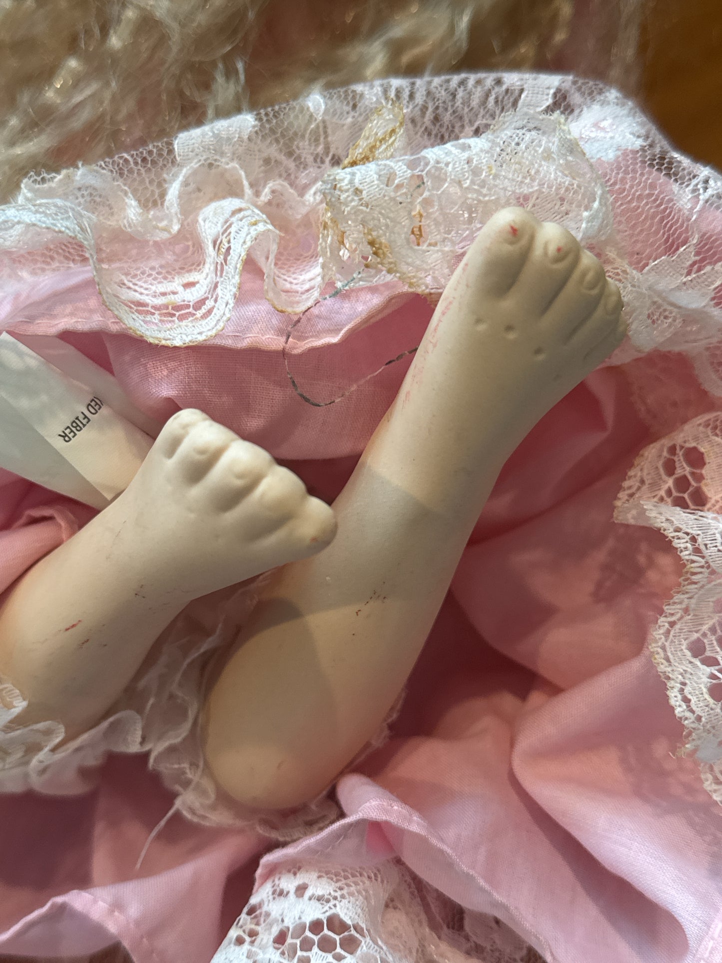 Bisque Prayer Doll 12" Tall Blonde Hair Closed Eyes Pink Dress w/ Faux Gold Necklace Cross