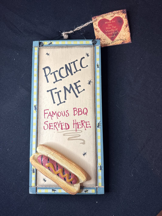 Picnic Time Famous BBQ Served Here Sign with 3D Hot Dog. 11.5" x 5.5"