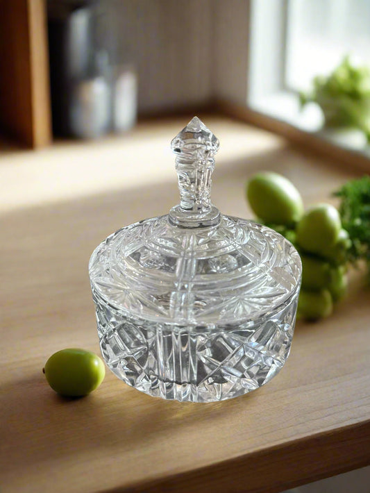 Vintage Hand Cut Crystal Bon Bon Dish Trinket Dish Glass Bowl w/ Lid 1.5" Tall Container 4.5" Total