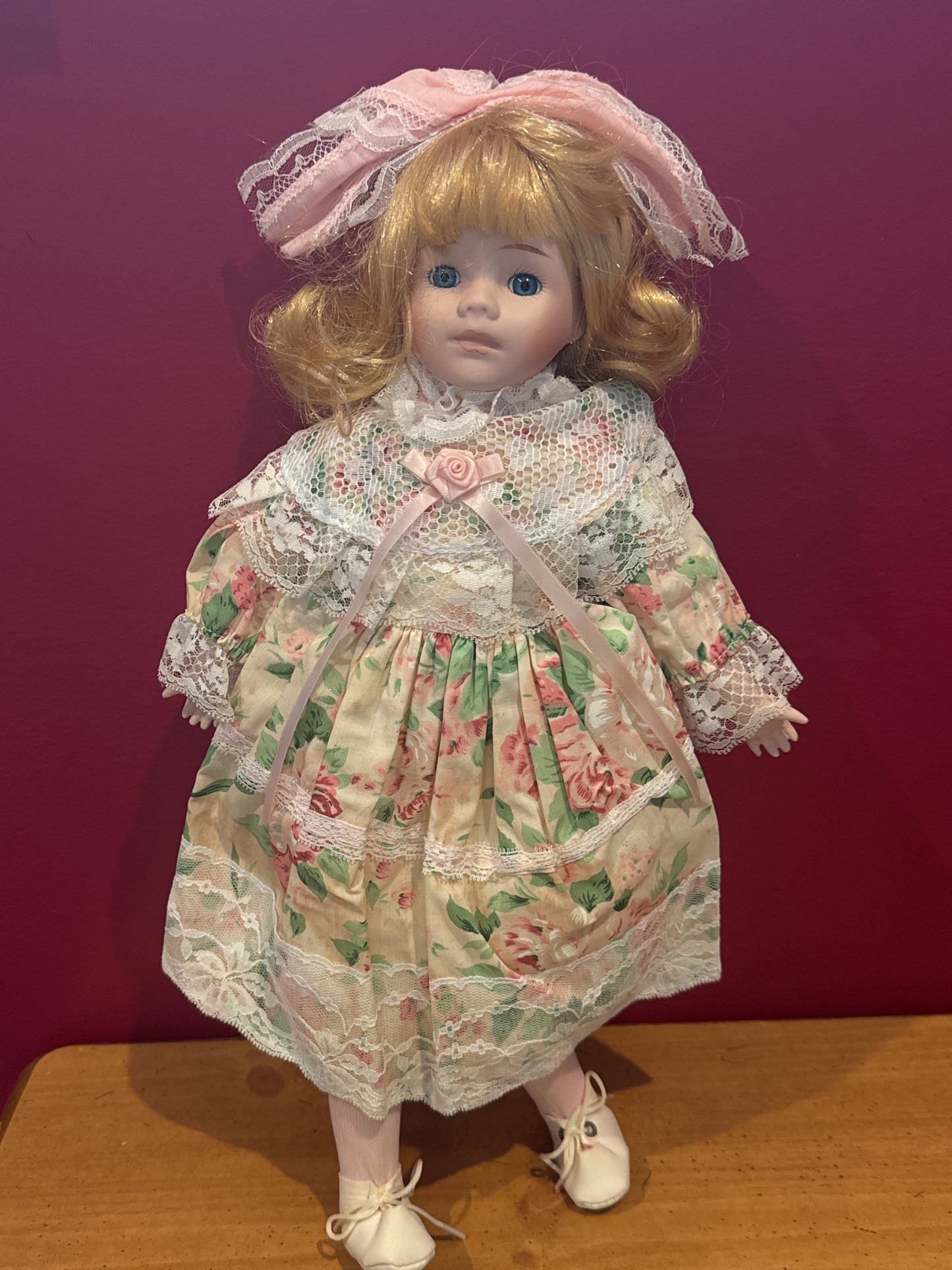 Porcelain Collectible Doll Floral Dress Blonde Hair Blue Eyes 16" Tall