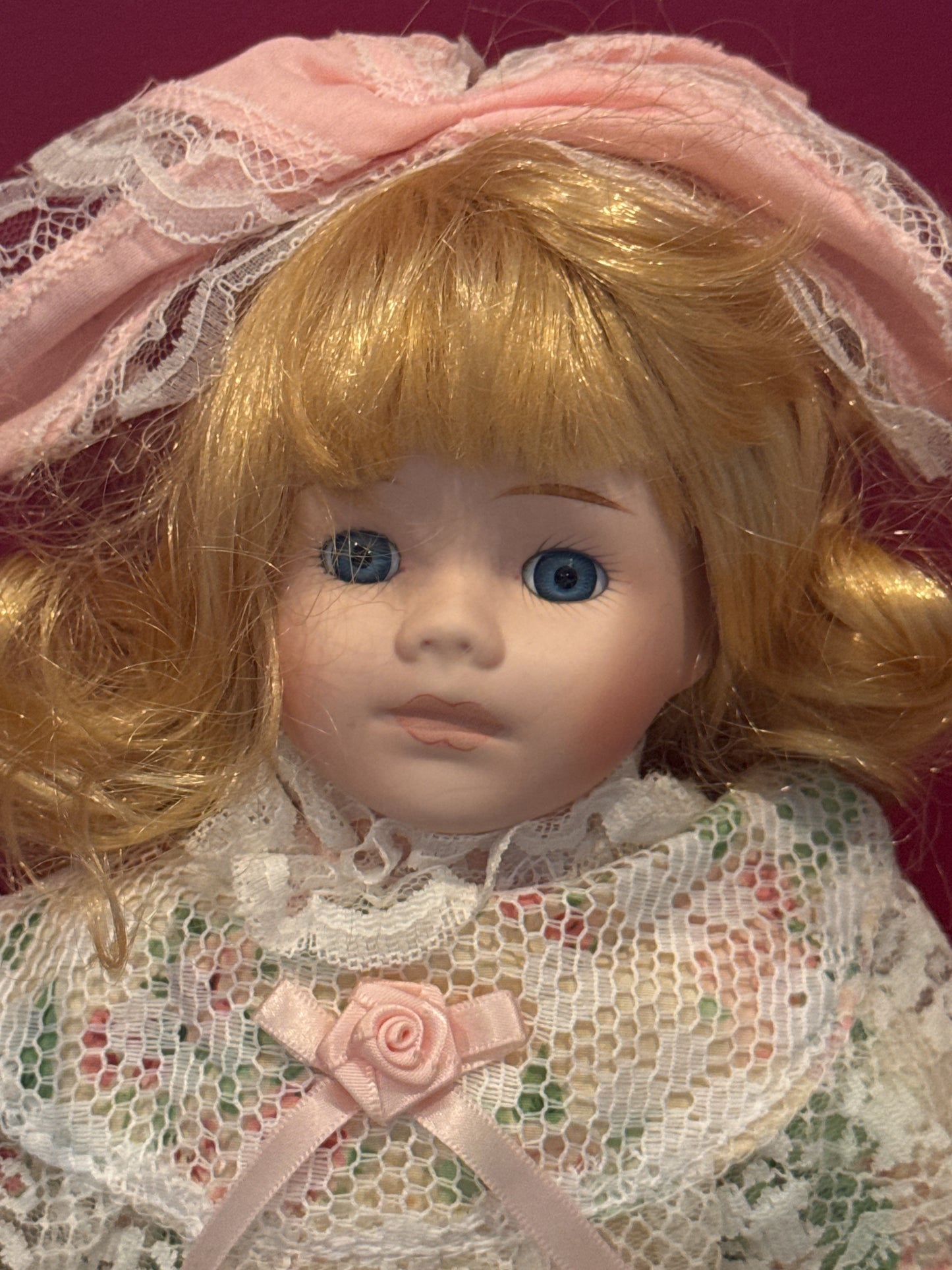 Porcelain Collectible Doll Floral Dress Blonde Hair Blue Eyes 16" Tall