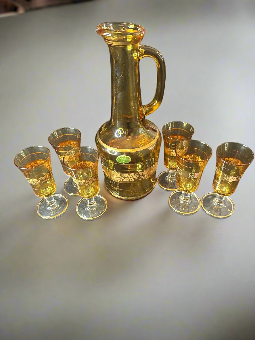 Vintage Himark Italy Gold Leaf & Grape Decanter and 6 Glasses - No Stopper