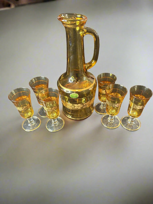 Vintage Himark Italy Gold Leaf & Grape Decanter and 6 Glasses - No Stopper