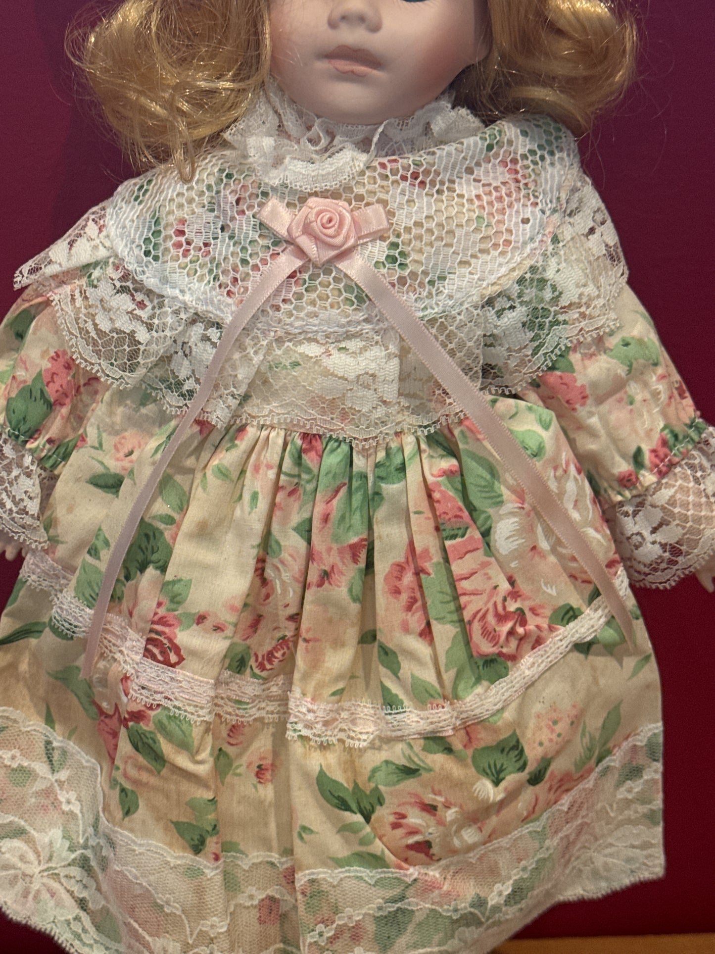 Porcelain Collectible Doll Floral Dress Blonde Hair Blue Eyes 16" Tall