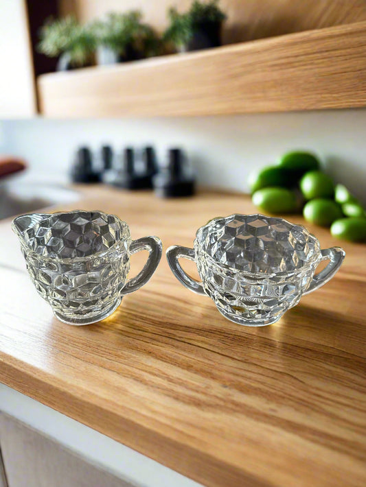 Jeannette Cube Clear Glass Open Sugar Bowl and Creamer