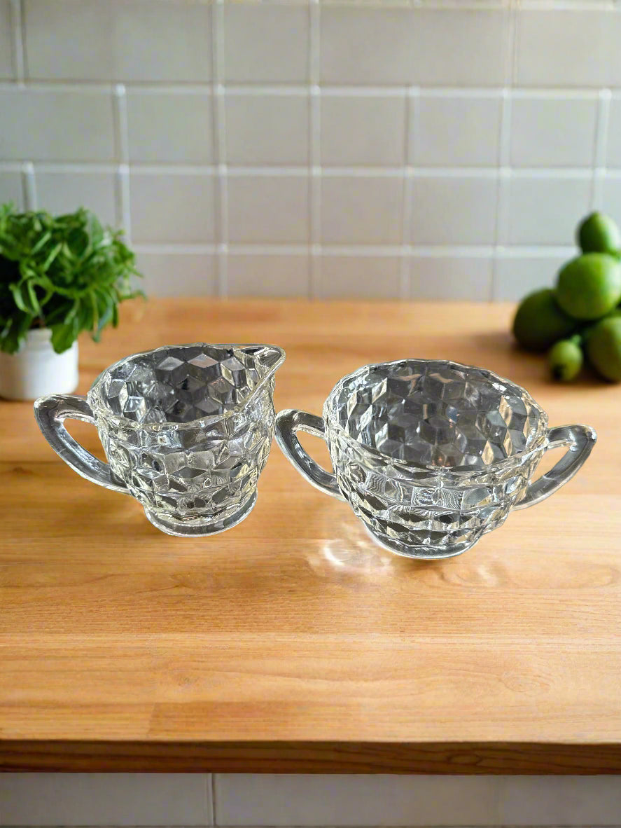 Jeannette Cube Clear Glass Open Sugar Bowl and Creamer