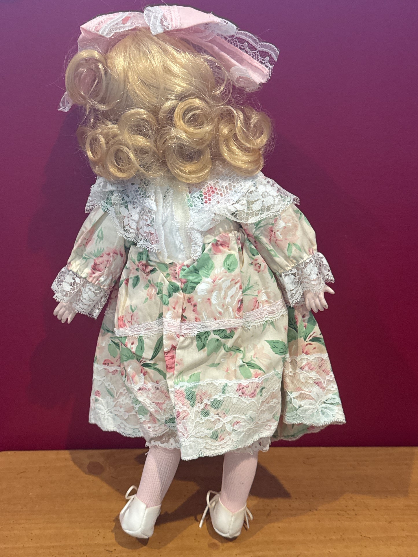 Porcelain Collectible Doll Floral Dress Blonde Hair Blue Eyes 16" Tall