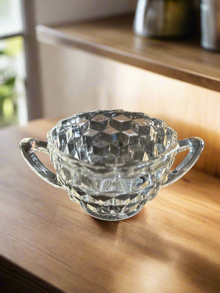 Jeannette Cube Clear Glass Open Sugar Bowl and Creamer