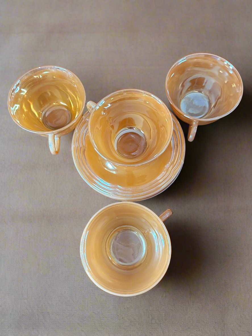 Set of 4 Vintage Fire King Peach Lusterware Teacups and Saucers Oven Ware 4" W x 2.5" T