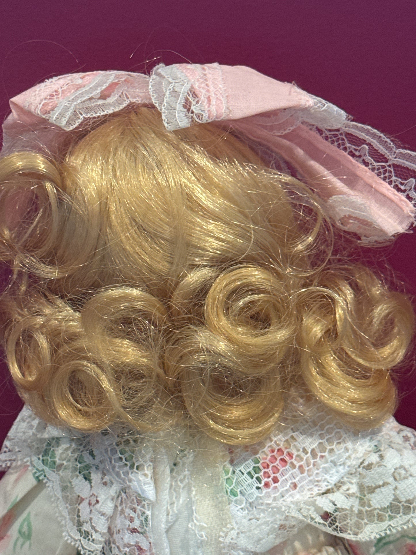 Porcelain Collectible Doll Floral Dress Blonde Hair Blue Eyes 16" Tall