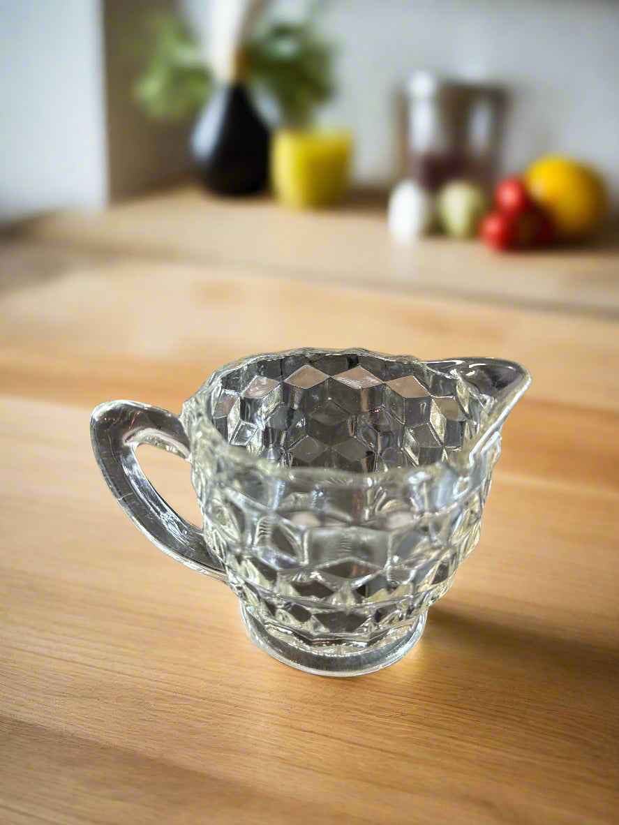 Jeannette Cube Clear Glass Open Sugar Bowl and Creamer