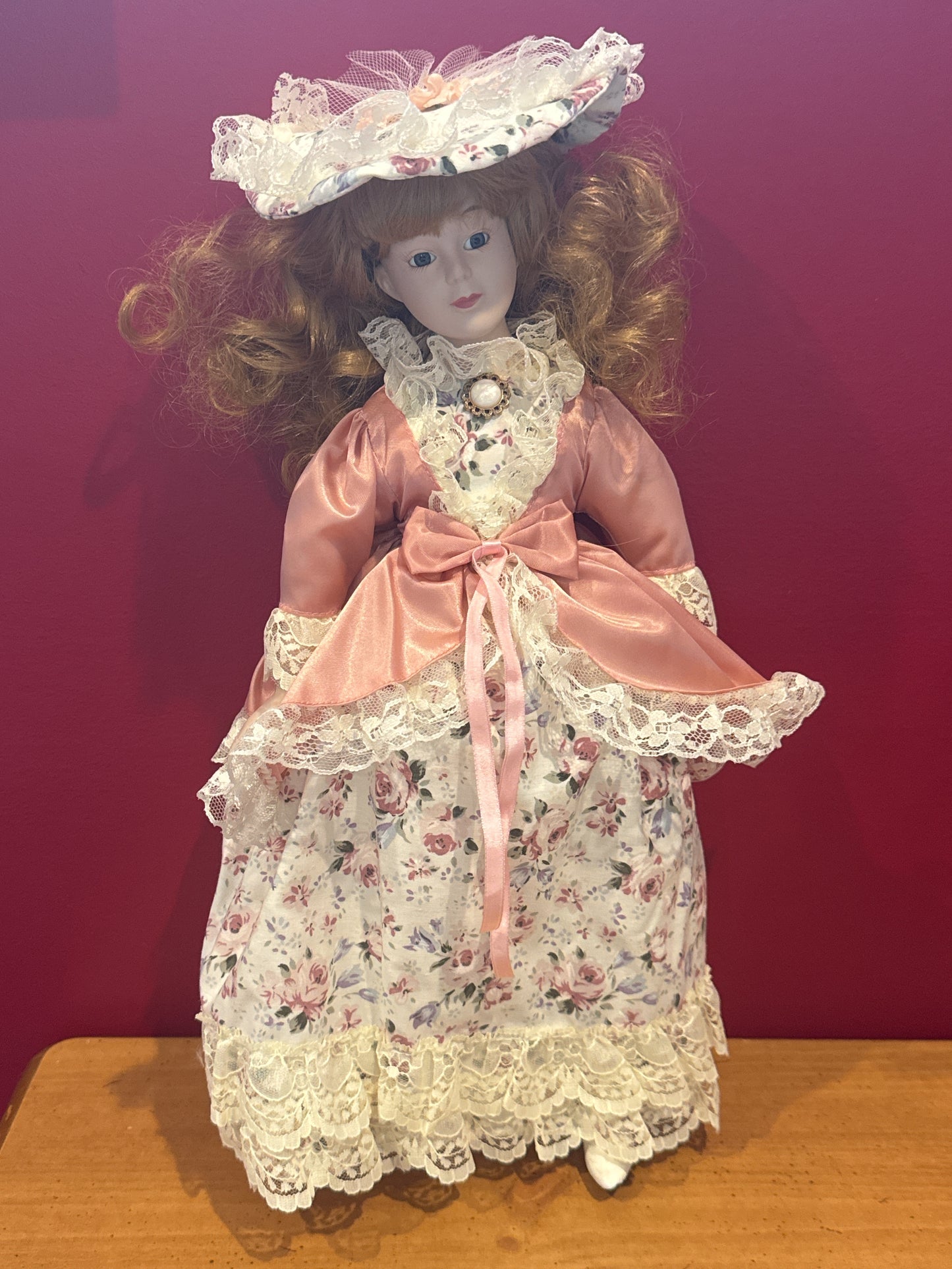 Porcelain Collectible Doll Victorian Style Floral Dress Blonde Hair Blue Eyes 17" Tall