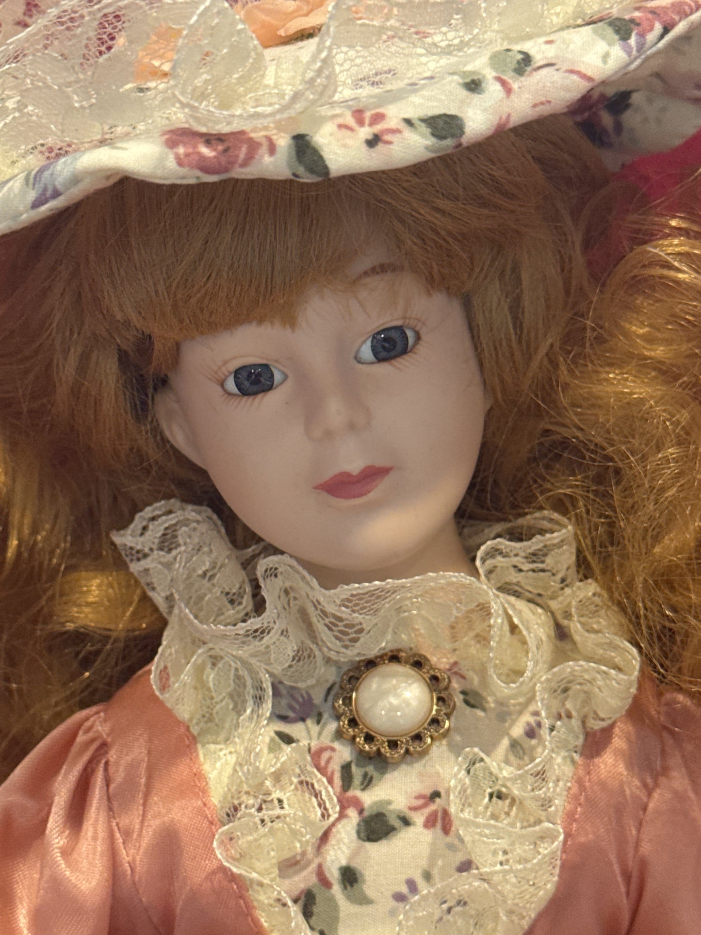 Porcelain Collectible Doll Victorian Style Floral Dress Blonde Hair Blue Eyes 17" Tall