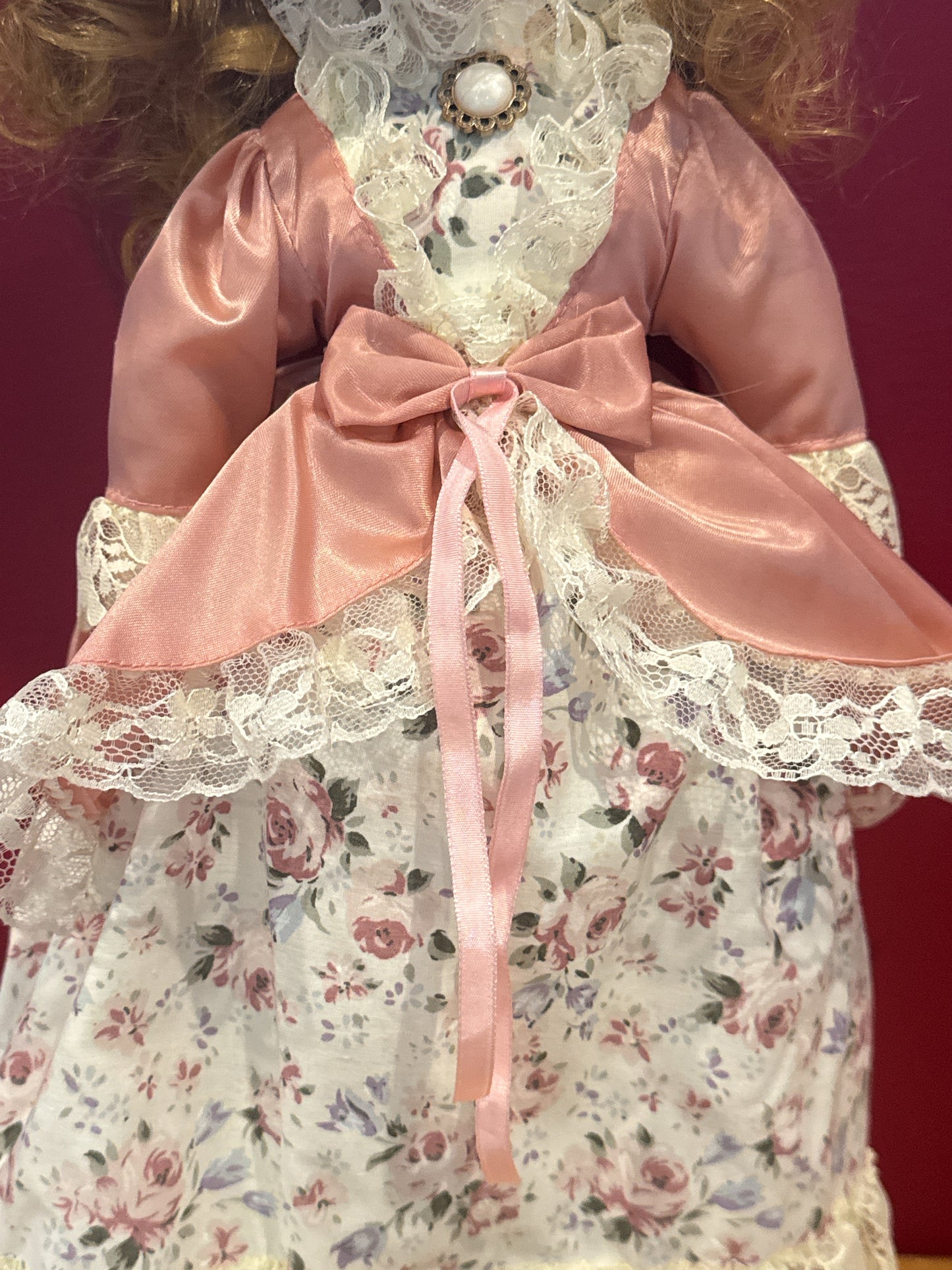 Porcelain Collectible Doll Victorian Style Floral Dress Blonde Hair Blue Eyes 17" Tall