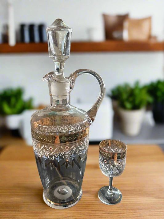 Antique Hand Blown 18th Century Painted Enameled Glass Liquor Decanter Bottle & Glass