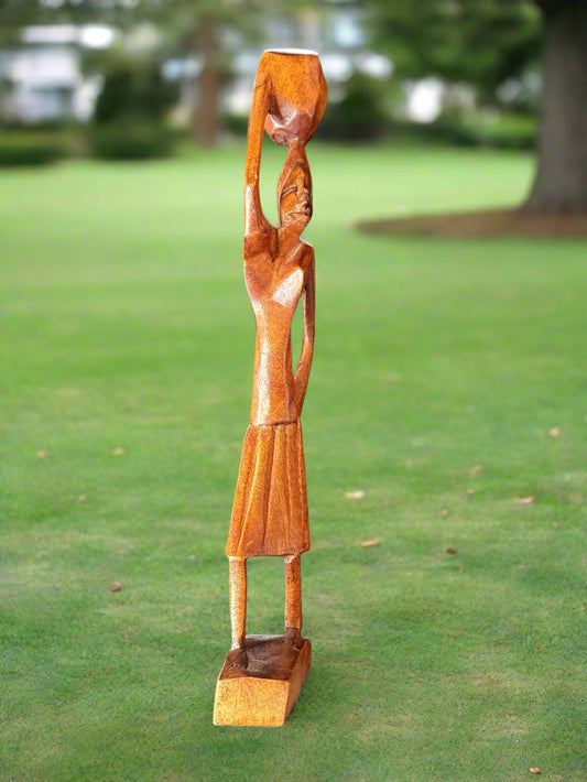 Wood Carved 10" Tall Statue Women Carrying Basket on Head. No Markings