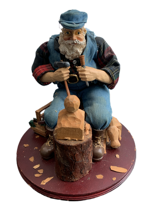 Santa Claus Vintage Workshop In Wood 7" Diameter Wood Base 9.5" Tall