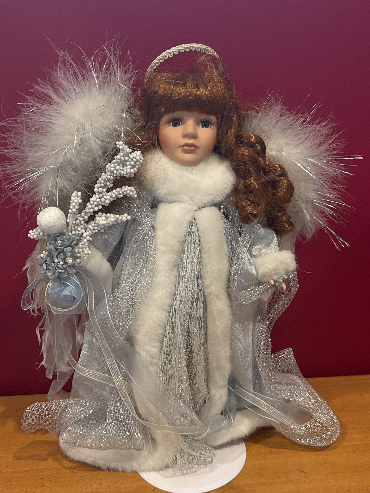 Bisque Collectible Doll Porcelain Angel Doll 14" Tall Collector's Choice Reddish Brown Hair Blue Eyes
