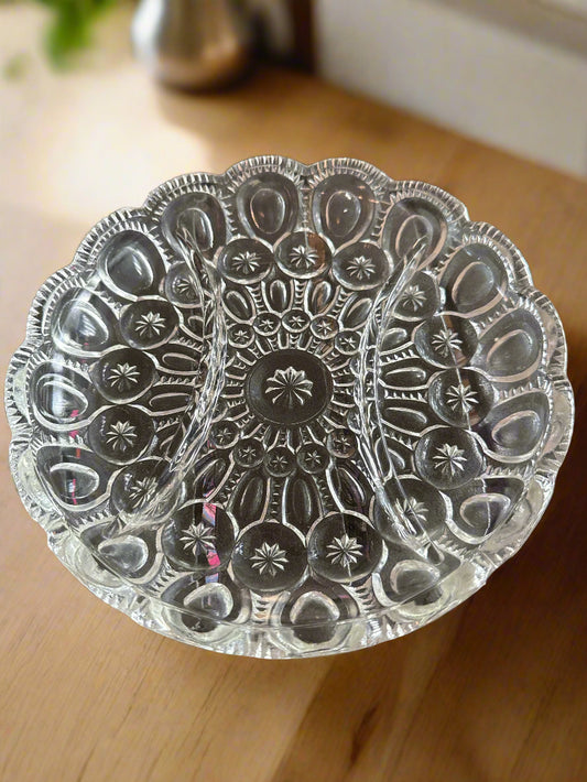 Moon & Star Pattern Glass Clear Divided Relish Dish Round 8.25" Wide LE Smith