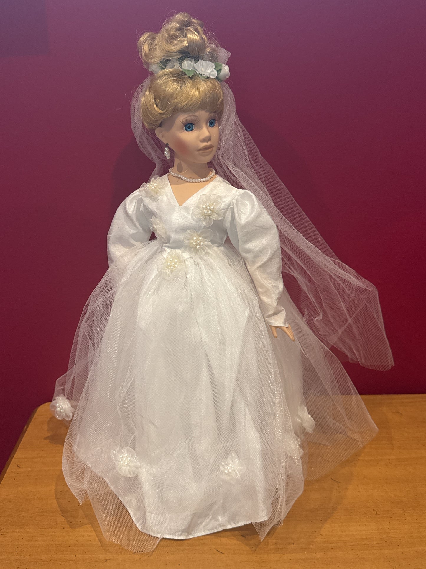 Robin Atkins Brand Porcelain Collectible Doll Bridal Gown Blonde Hair Blue Eyes 17" Tall w/ Stand