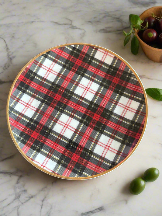 Red, Black & White Plaid Ceramic Plate 8" Wide w/ Gold Trim