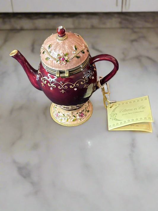 Vintage Collette et Cie Brown/Red Enameled Music Box Teapot Shape Plays Swan Lake 6.5"