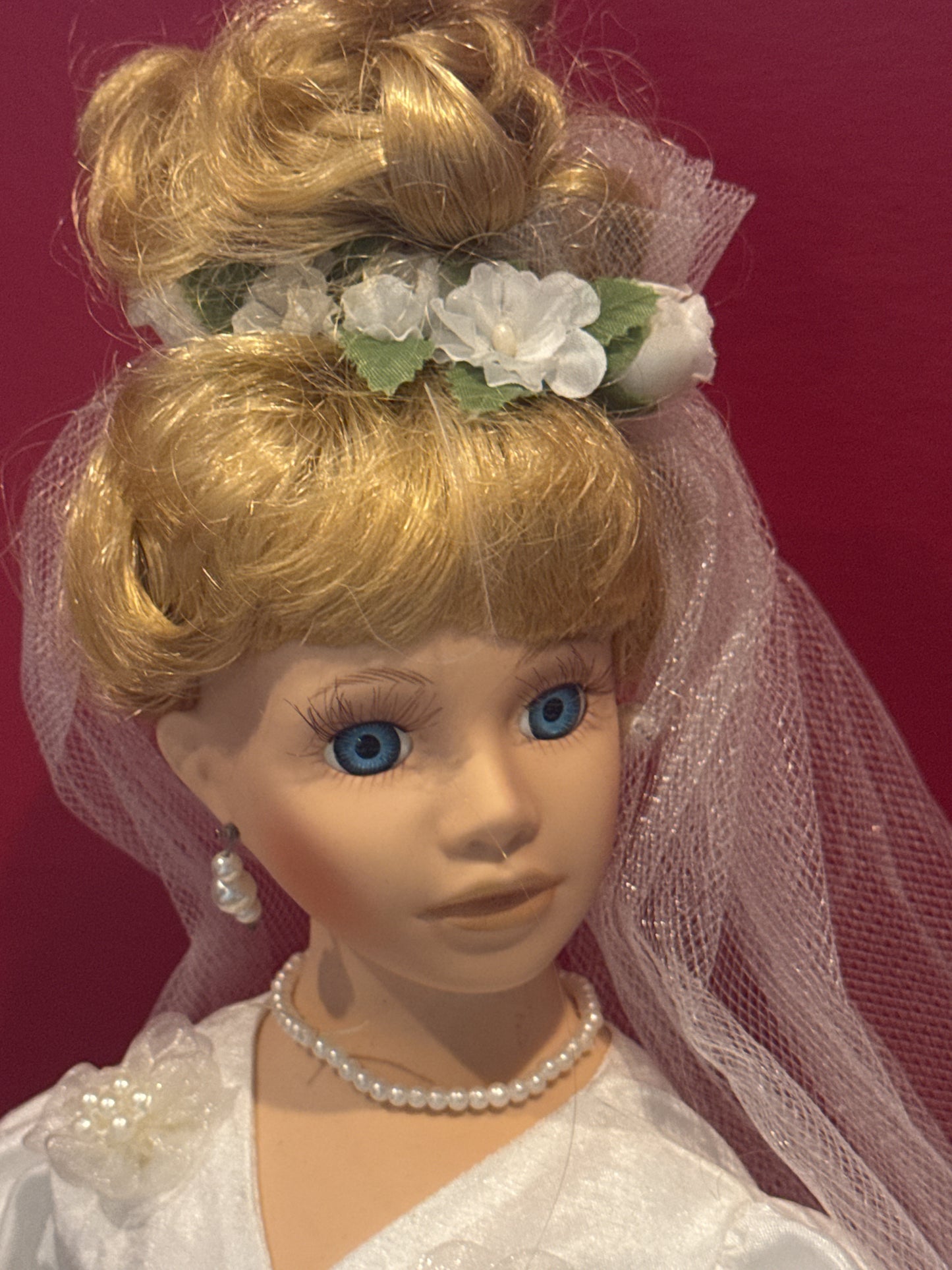 Robin Atkins Brand Porcelain Collectible Doll Bridal Gown Blonde Hair Blue Eyes 17" Tall w/ Stand