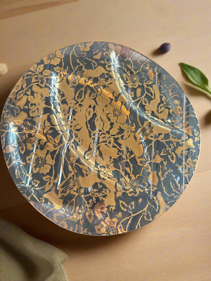 Vintage Clear Divided Tray w/ Gold Overlay Cherry Blossom 3-Part Plate 14" Wide