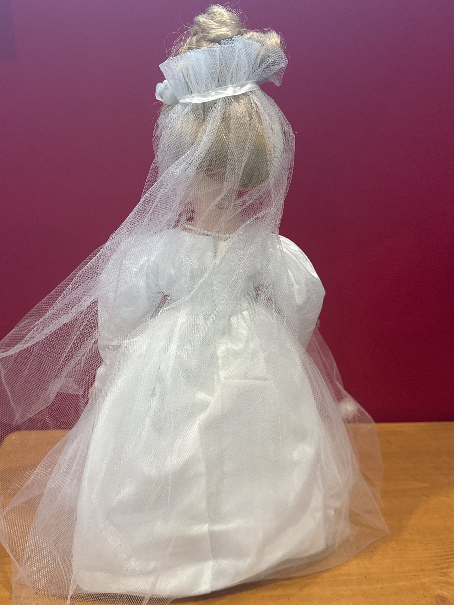 Robin Atkins Brand Porcelain Collectible Doll Bridal Gown Blonde Hair Blue Eyes 17" Tall w/ Stand