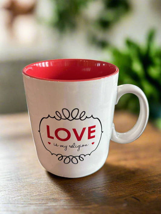Love Is My Religion Super Oversized Coffee Mug Cup 10 Strawberry Street Red Interior 5" Tall