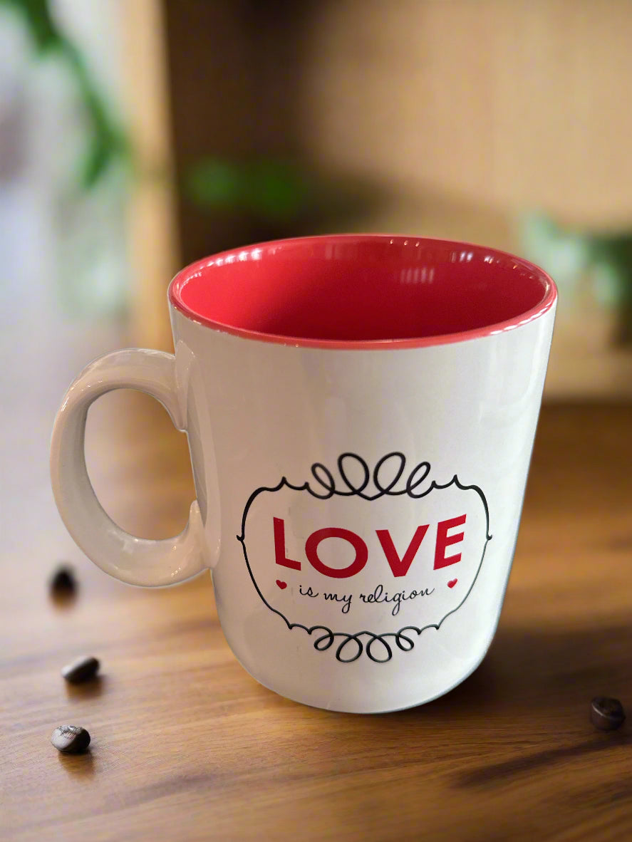 Love Is My Religion Super Oversized Coffee Mug Cup 10 Strawberry Street Red Interior 5" Tall