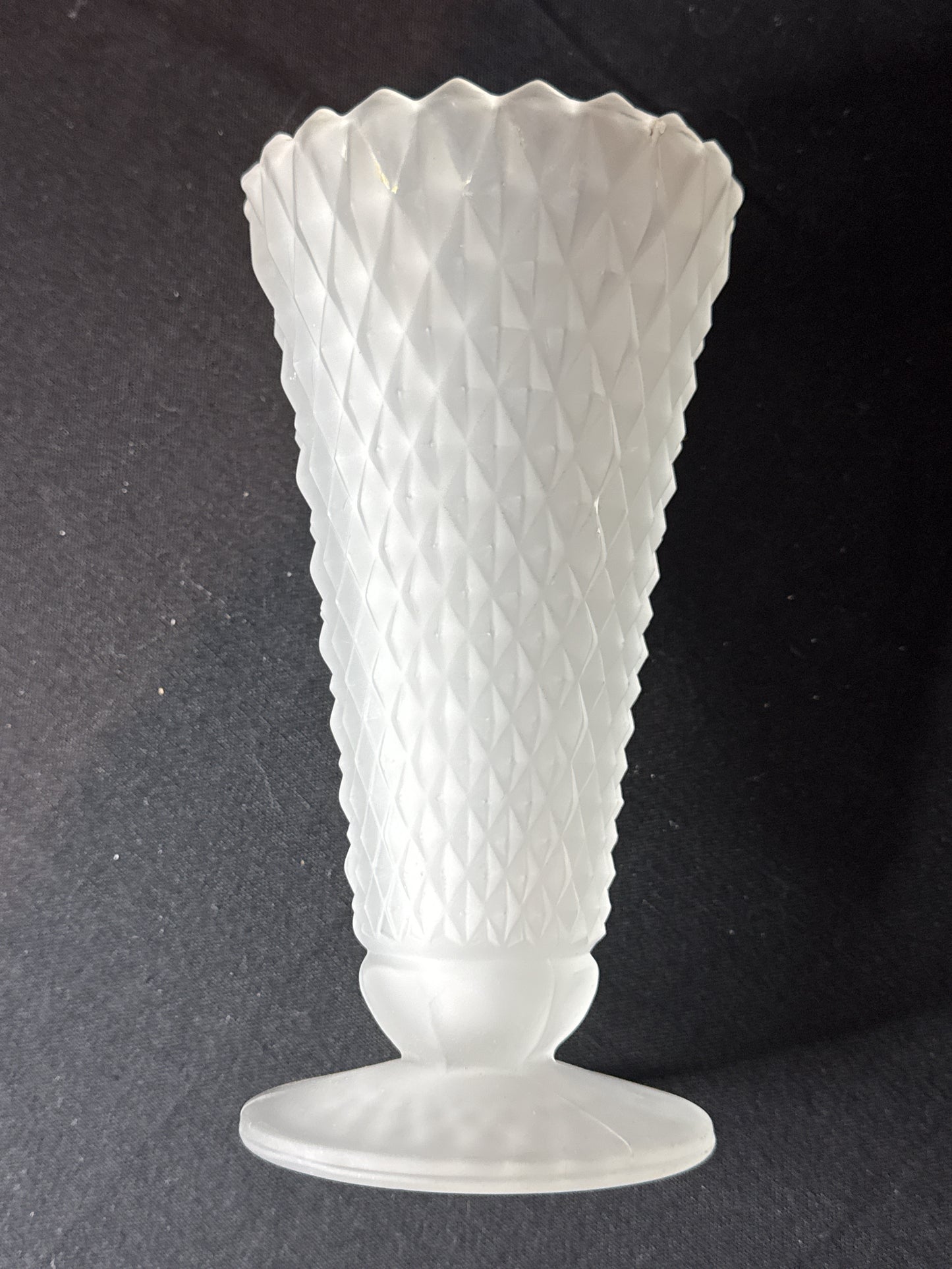 Indiana Glass Frosted White Satin Diamond Point Vase 8" Tall