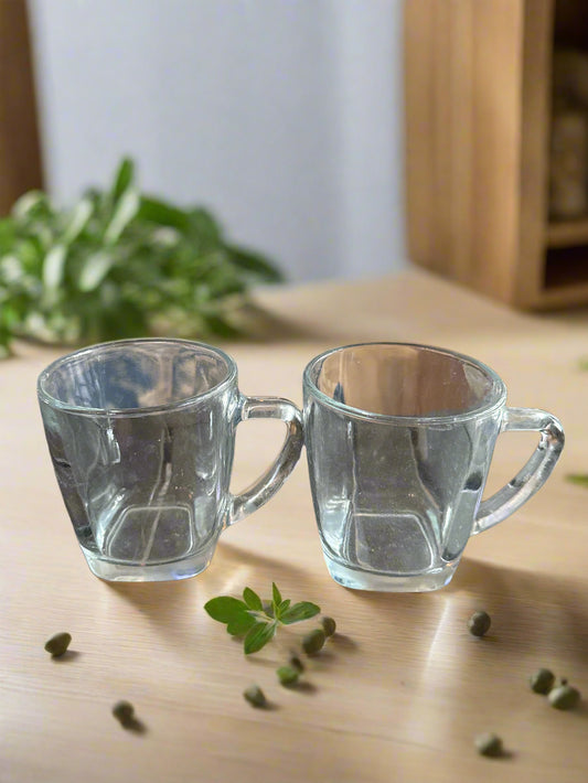 Pair of Clear Glass Heavy Coffee Mugs Cups 4" Tall