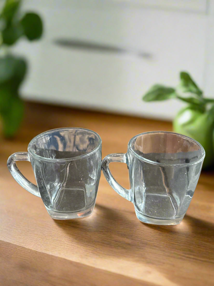 Pair of Clear Glass Heavy Coffee Mugs Cups 4" Tall
