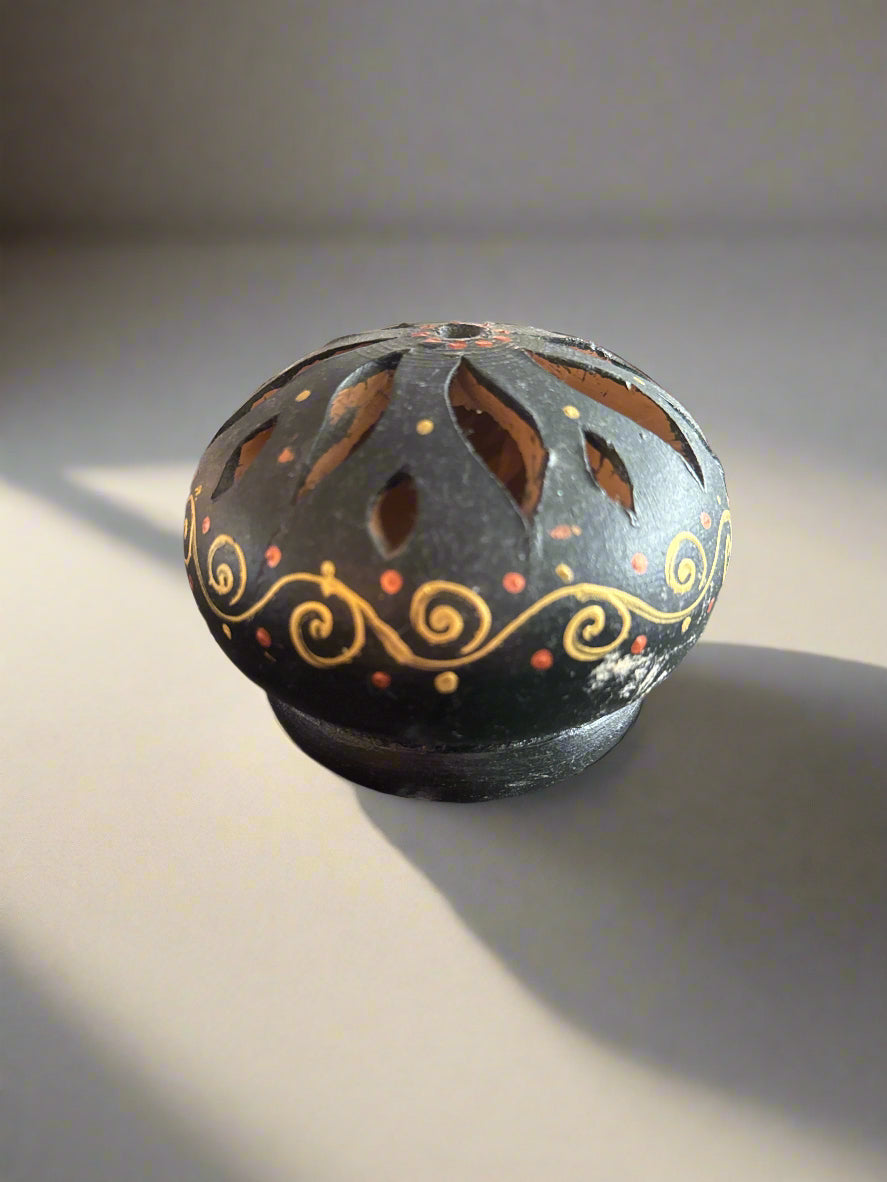 Hand Painted Ceramic Tea Light Candle Holder Black w/ Gold Accents
