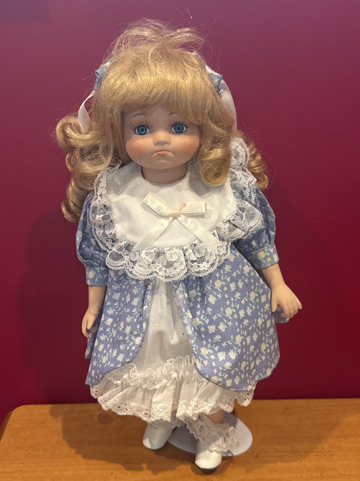 Porcelain Collectible Doll by House of LLoyd Crying Doll w/ Tears Blue Dress Blonde Hair 16"