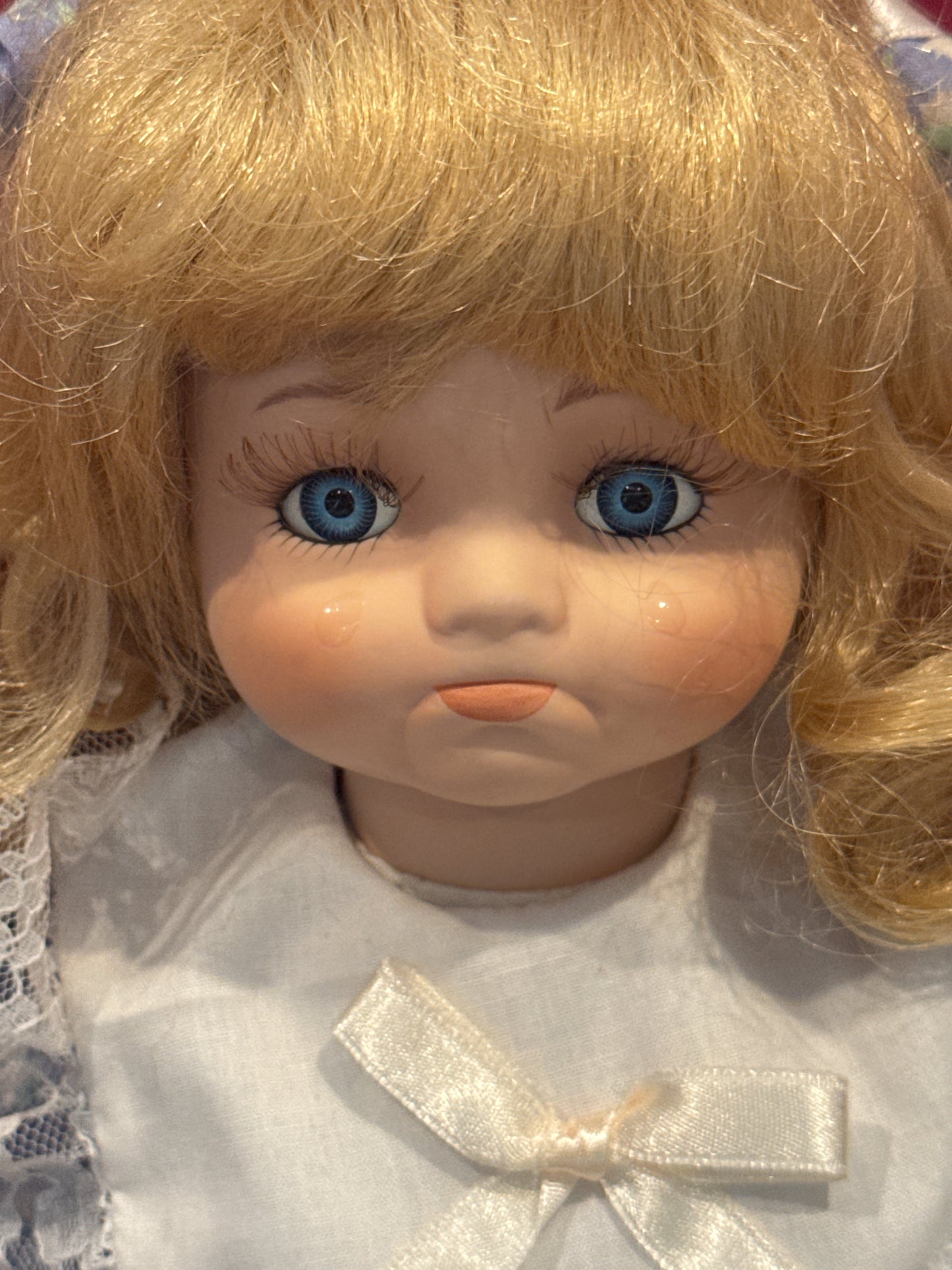 Porcelain Collectible Doll by House of LLoyd Crying Doll w/ Tears Blue Dress Blonde Hair 16"