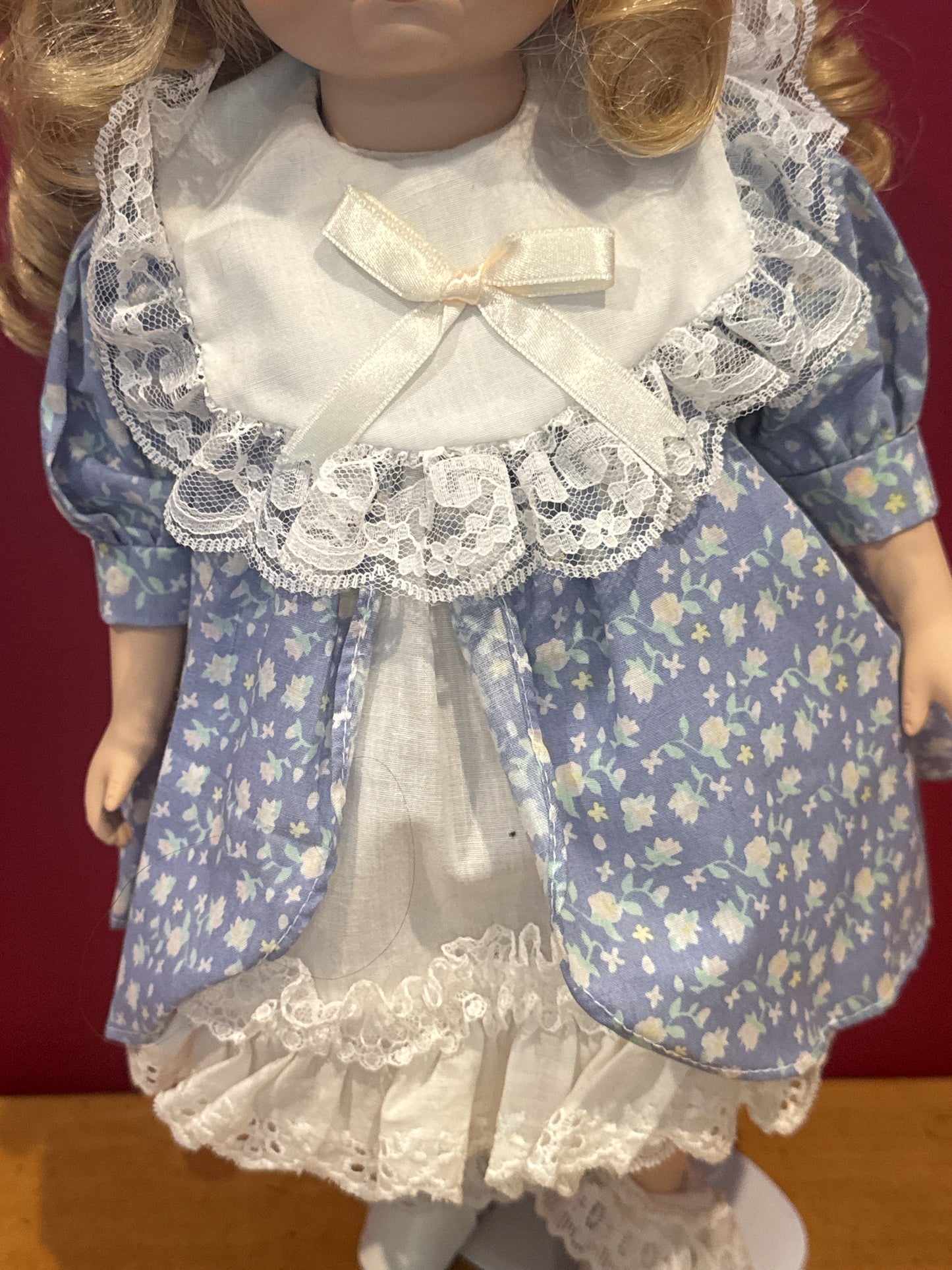 Porcelain Collectible Doll by House of LLoyd Crying Doll w/ Tears Blue Dress Blonde Hair 16"
