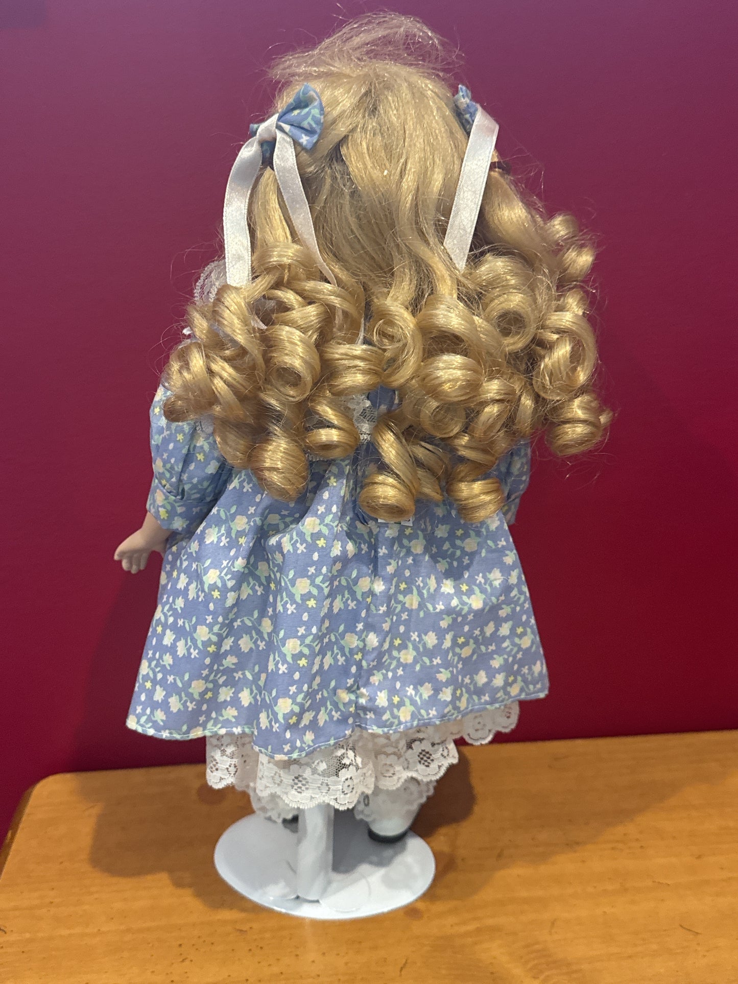 Porcelain Collectible Doll by House of LLoyd Crying Doll w/ Tears Blue Dress Blonde Hair 16"