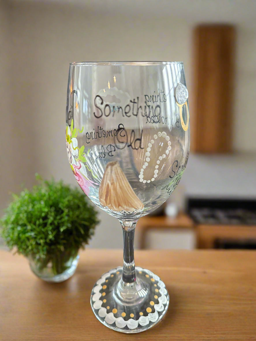 Hand Painted Bride, Something Old, New, Borrowed, Blue Wine Glass 8.75" Tall