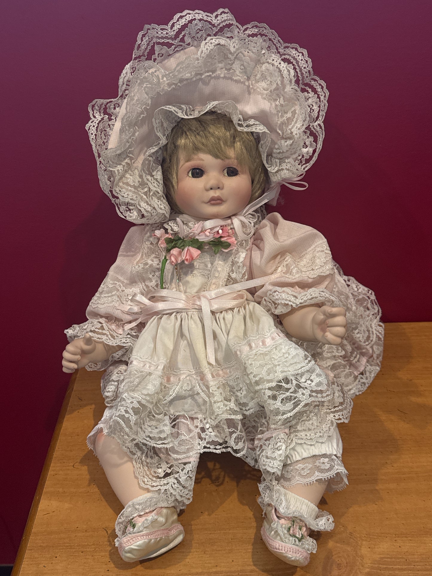 Porcelain Collectible Doll Baby 18" Tall w/ Bonnet Blonde Hair Brown Eyes Dina Ross 728/1500