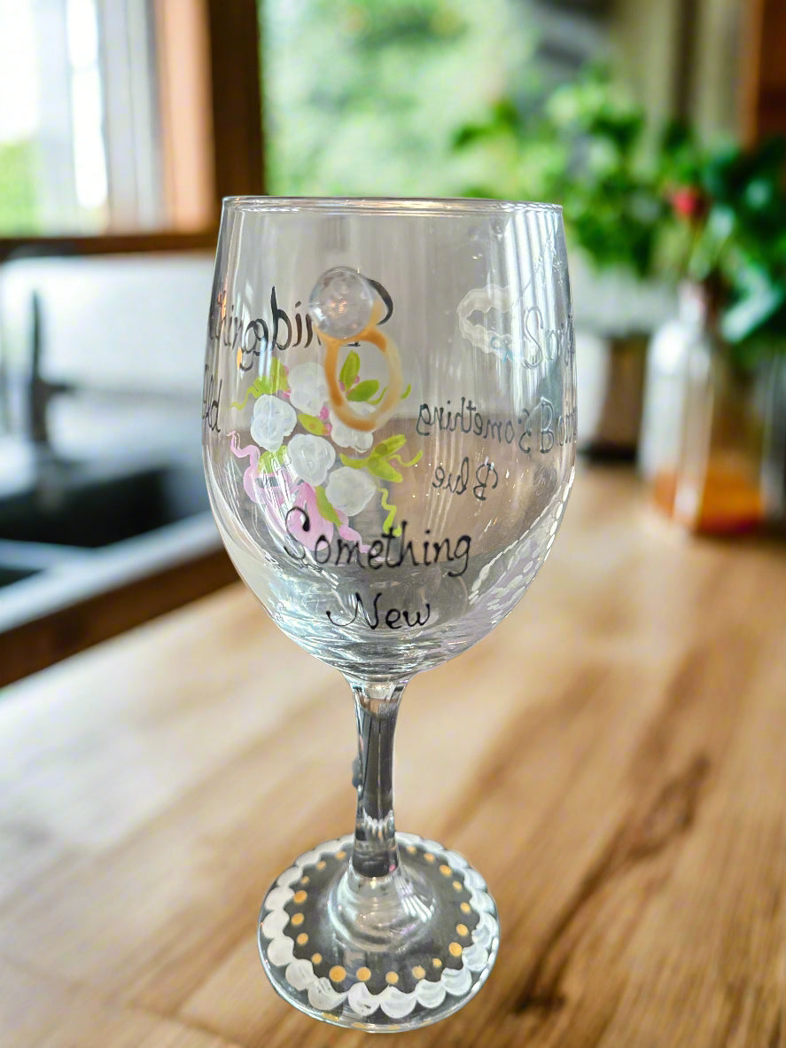 Hand Painted Bride, Something Old, New, Borrowed, Blue Wine Glass 8.75" Tall