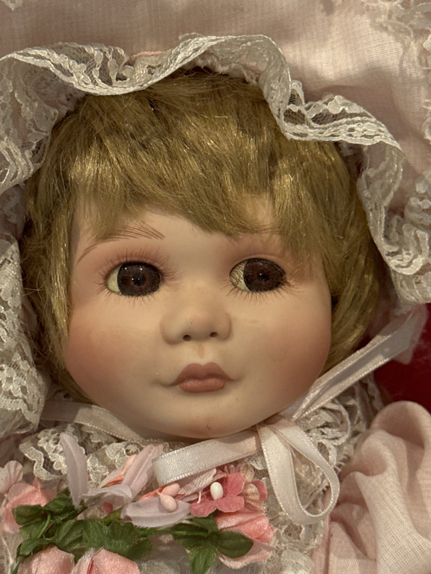 Porcelain Collectible Doll Baby 18" Tall w/ Bonnet Blonde Hair Brown Eyes Dina Ross 728/1500