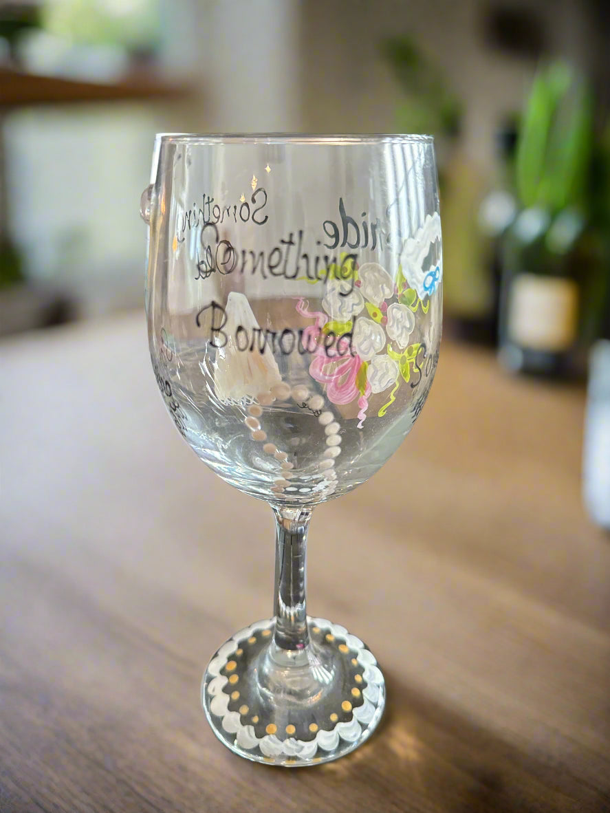 Hand Painted Bride, Something Old, New, Borrowed, Blue Wine Glass 8.75" Tall