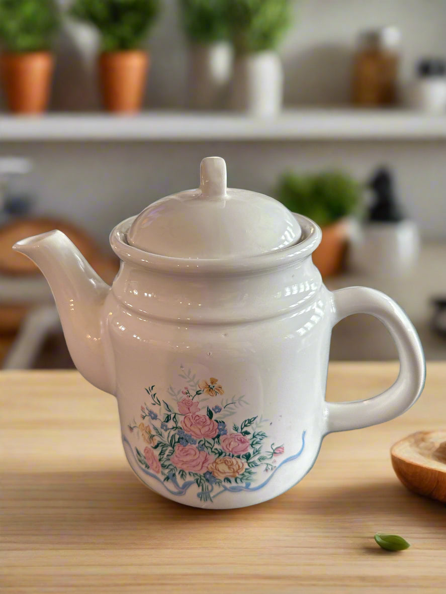 Vintage French Garden Stoneware Teapot - Pink Roses and Butterflies 7" Tall