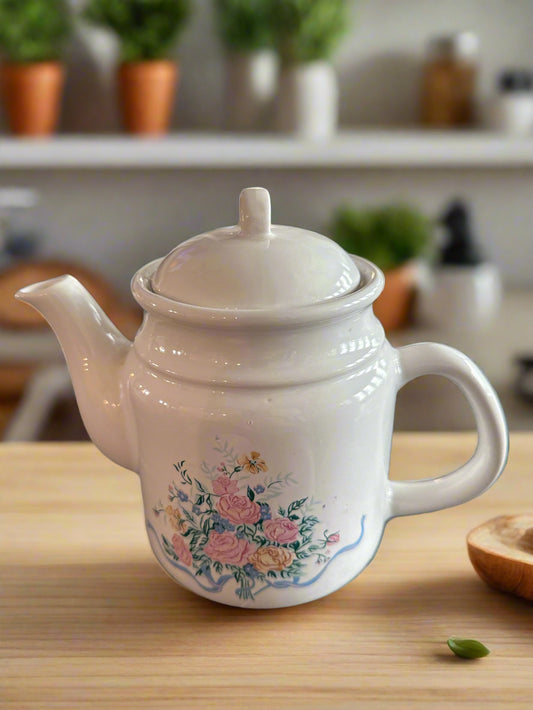 Vintage French Garden Stoneware Teapot - Pink Roses and Butterflies 7" Tall