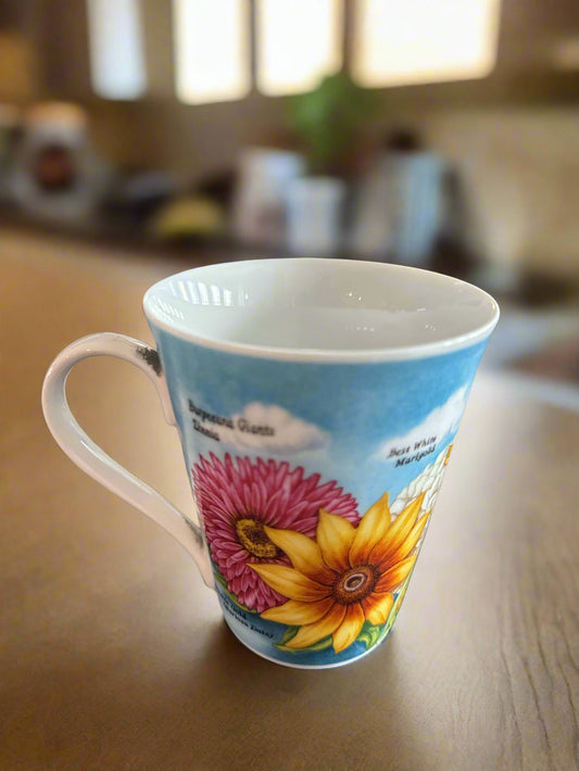 Burpee 2001 125th Anniversary Coffee Cup Mug Flowers Corn Lettuce 4 3/8" Tall
